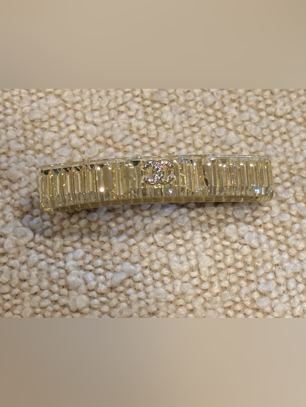 CHANEL Clear Crystal Rectangular Barrette with Gold CC Accent